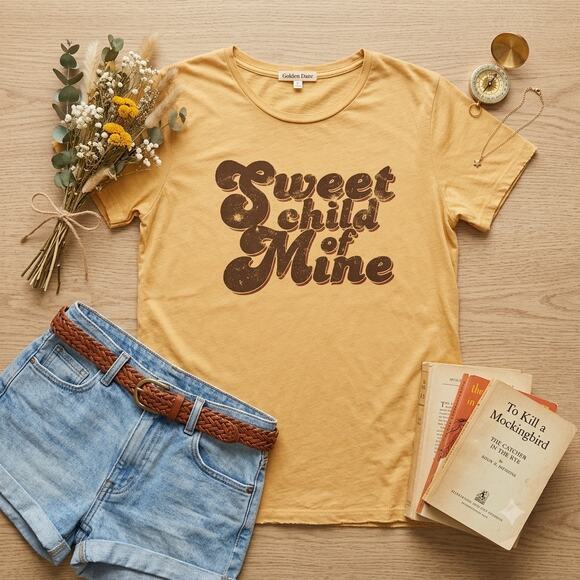 Golden Daze Tops - Golden Daze "Sweet Child of Mine" Distressed Graphic Tee Mustard Yellow L